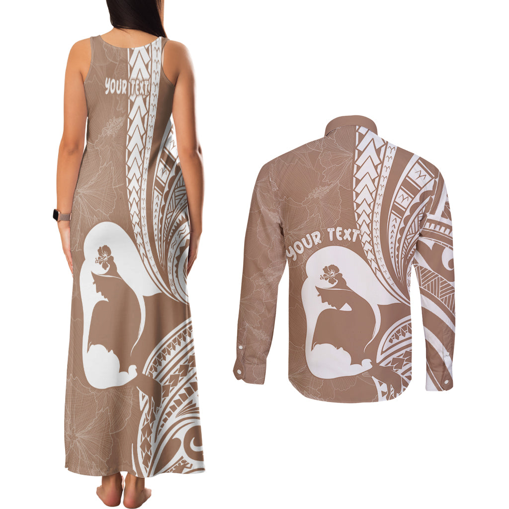 Mother's Day Couples Matching Tank Maxi Dress and Long Sleeve Button Shirt Polynesia Vintage Hibiscus - Brown LT7 - Polynesian Pride