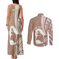 Mother's Day Couples Matching Tank Maxi Dress and Long Sleeve Button Shirt Polynesia Vintage Hibiscus - Brown LT7 - Polynesian Pride