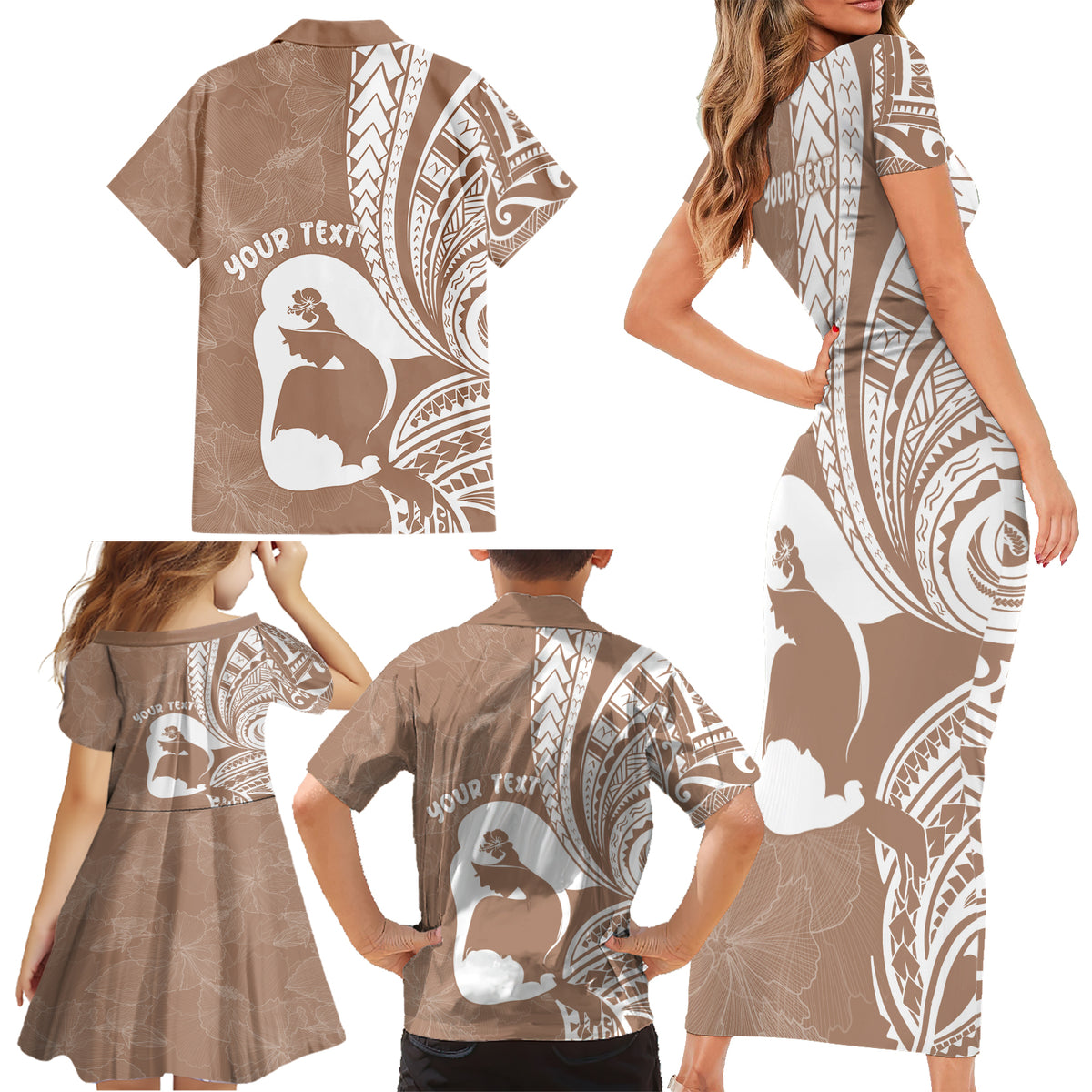 Mother's Day Family Matching Short Sleeve Bodycon Dress and Hawaiian Shirt Polynesia Vintage Hibiscus - Brown
