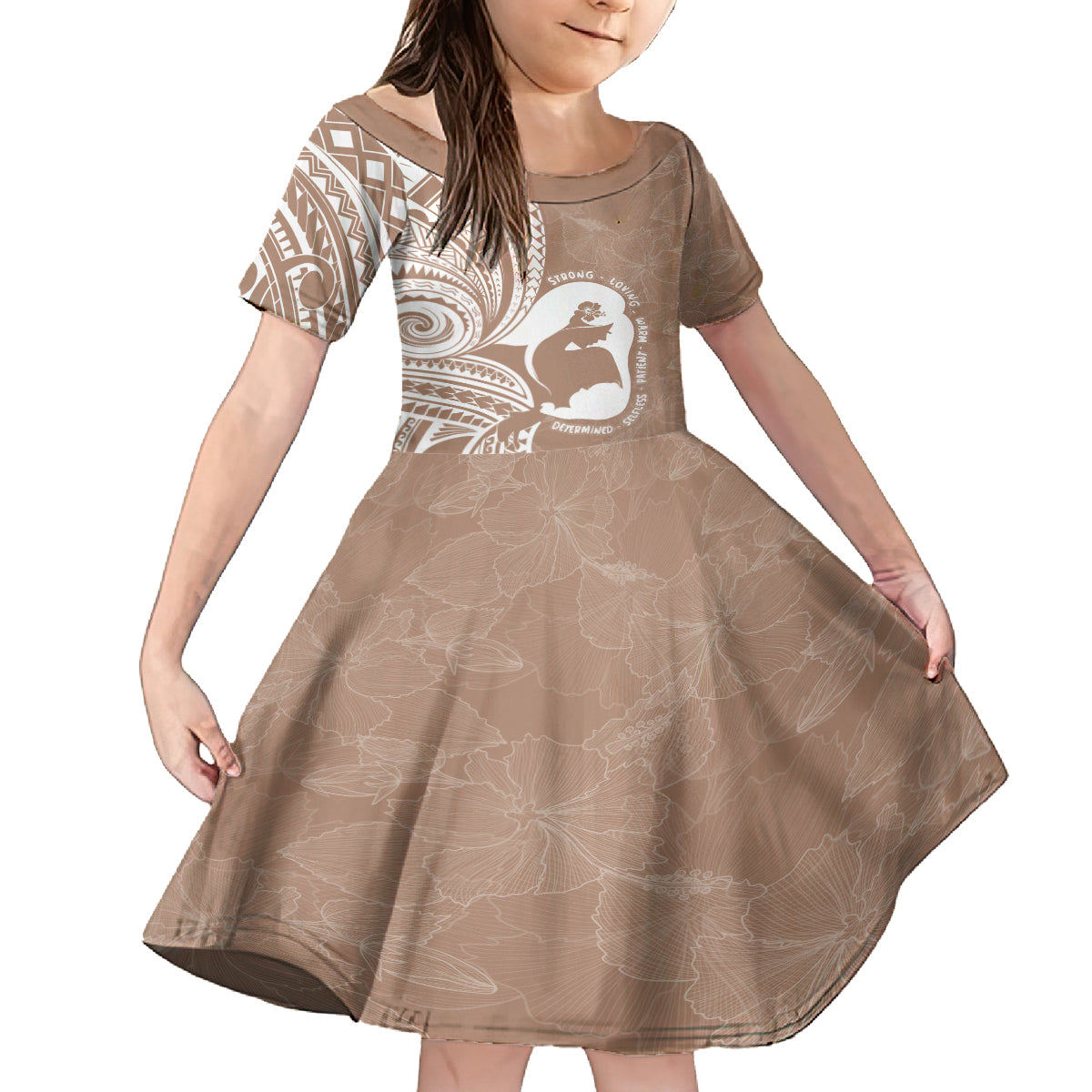 Mother's Day Kid Short Sleeve Dress Polynesia Vintage Hibiscus - Brown