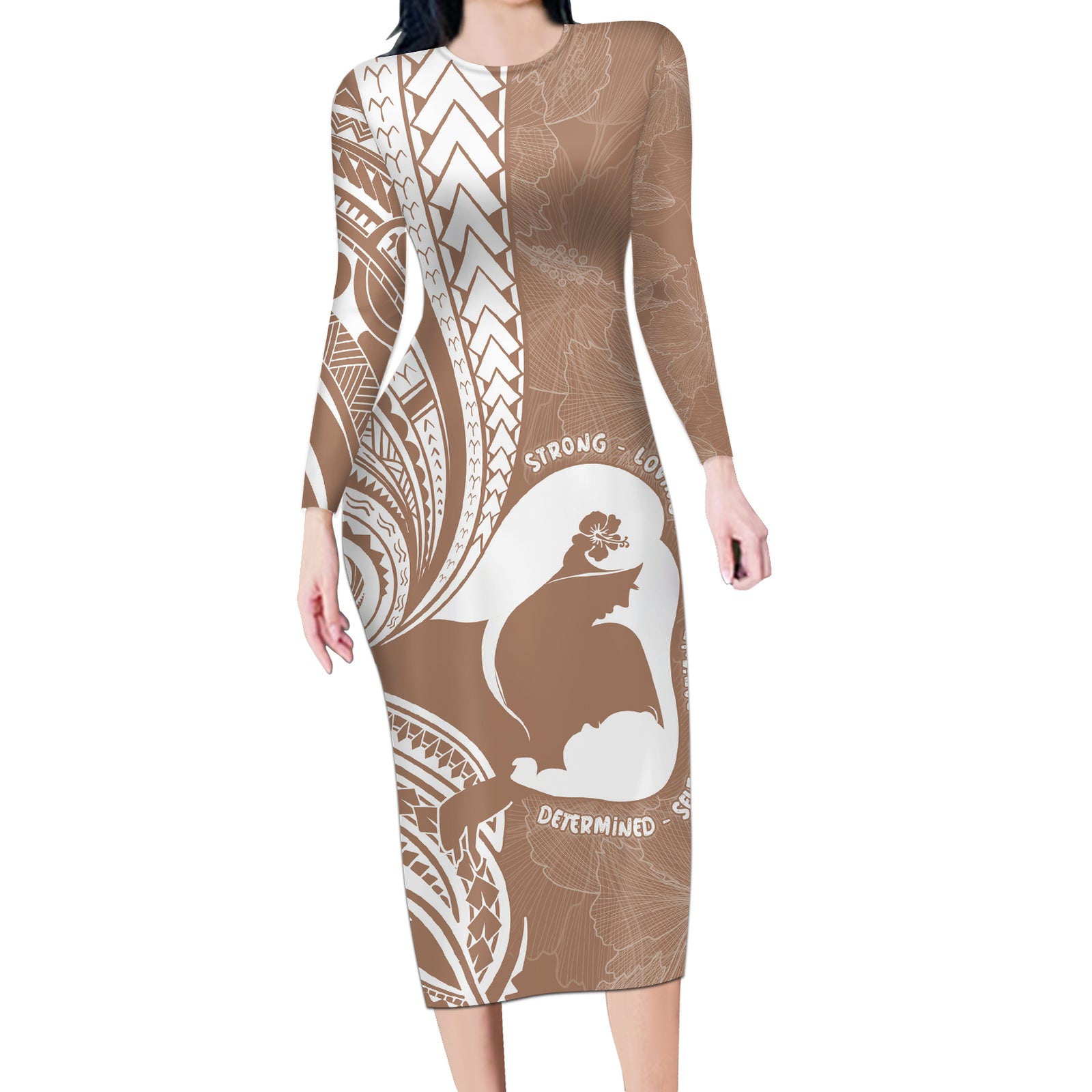 Mother's Day Long Sleeve Bodycon Dress Polynesia Vintage Hibiscus - Brown LT7 Long Dress Brown - Polynesian Pride
