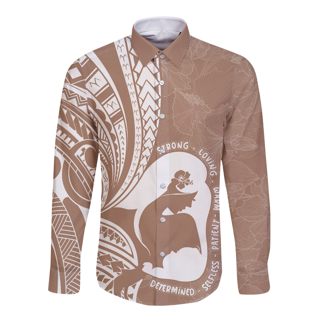 Mother's Day Long Sleeve Button Shirt Polynesia Vintage Hibiscus - Brown LT7 Unisex Brown - Polynesian Pride