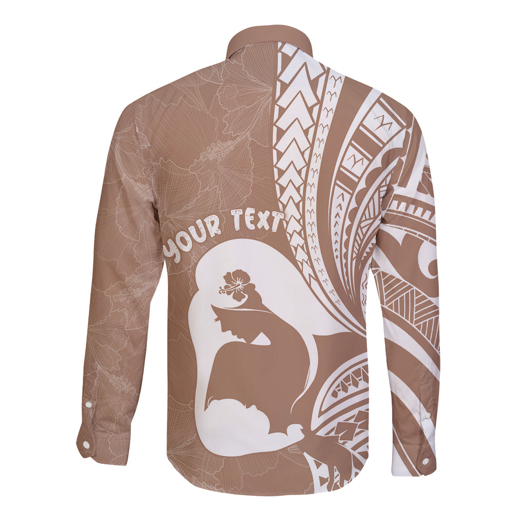 Mother's Day Long Sleeve Button Shirt Polynesia Vintage Hibiscus - Brown