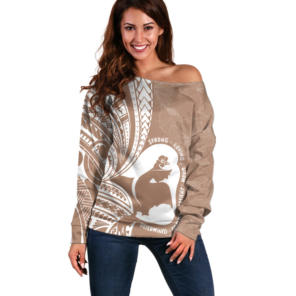 Mother's Day Off Shoulder Sweater Polynesia Vintage Hibiscus - Brown LT7 Women Brown - Polynesian Pride