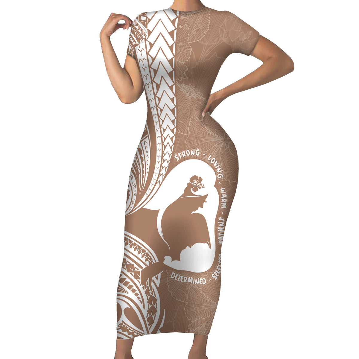 Mother's Day Short Sleeve Bodycon Dress Polynesia Vintage Hibiscus - Brown LT7 Long Dress Brown - Polynesian Pride