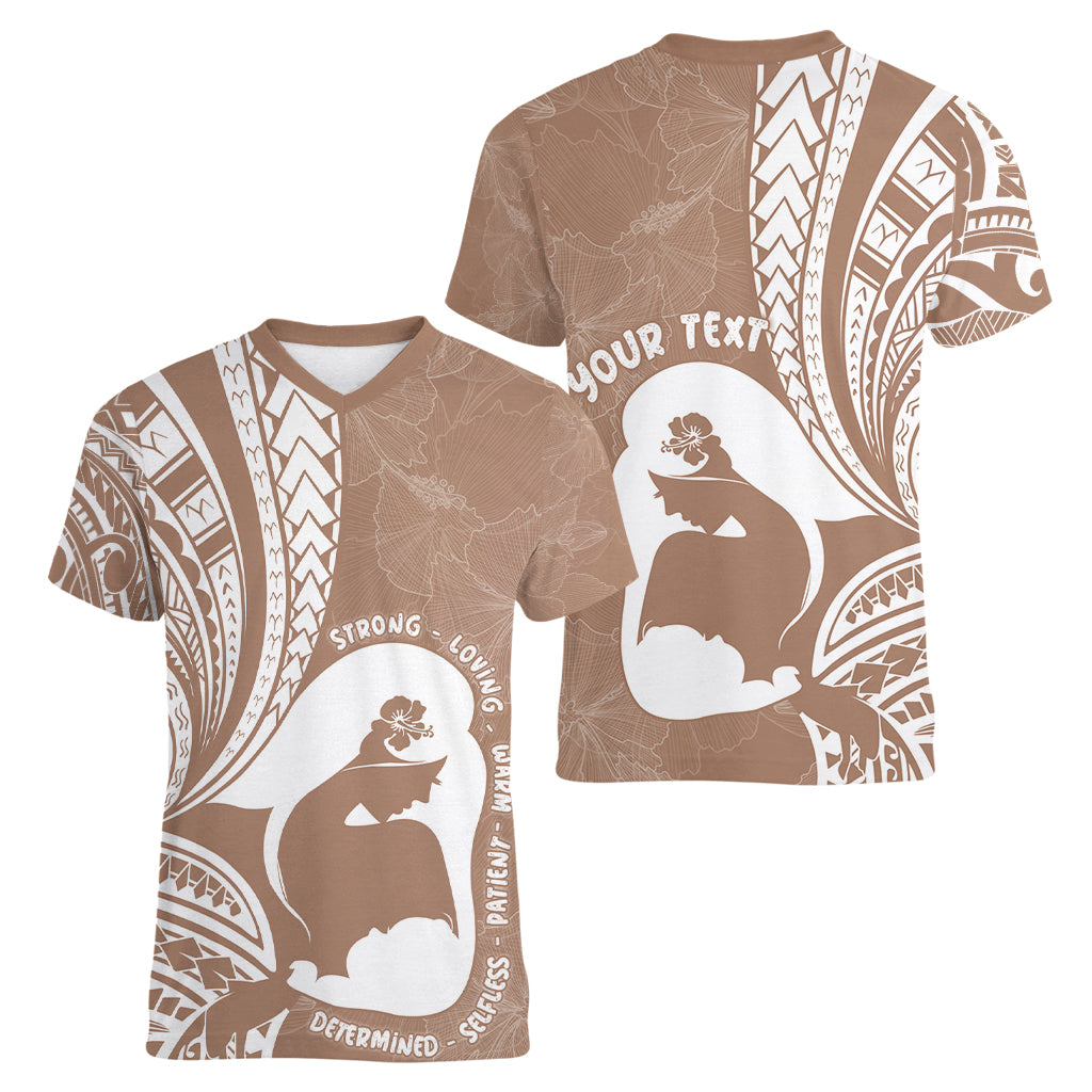 Mother's Day Women V Neck T Shirt Polynesia Vintage Hibiscus - Brown