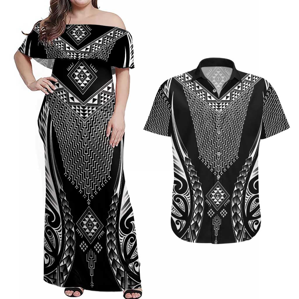 2025 Rugby Championship New Zealand Custom Couples Matching Off Shoulder Maxi Dress and Hawaiian Shirt Poutama Motifs - Polynesian Pride