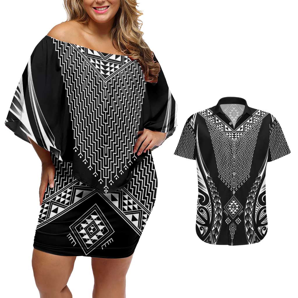 2025 Rugby Championship New Zealand Custom Couples Matching Off Shoulder Short Dress and Hawaiian Shirt Poutama Motifs - Polynesian Pride