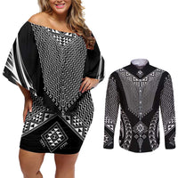 2025 Rugby Championship New Zealand Custom Couples Matching Off Shoulder Short Dress and Long Sleeve Button Shirt Poutama Motifs - Polynesian Pride