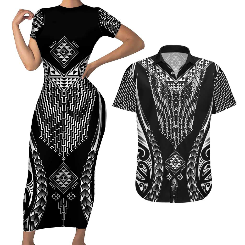 2025 Rugby Championship New Zealand Custom Couples Matching Short Sleeve Bodycon Dress and Hawaiian Shirt Poutama Motifs - Polynesian Pride
