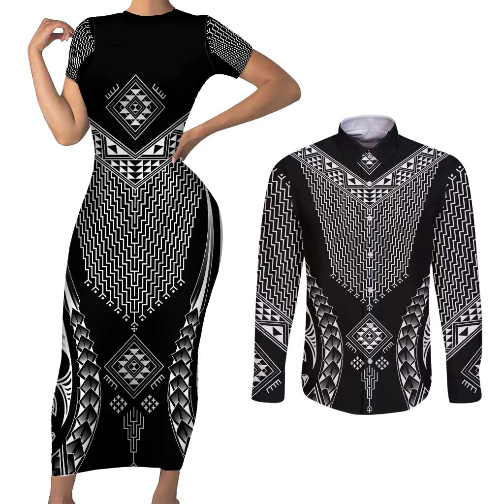 2025 Rugby Championship New Zealand Custom Couples Matching Short Sleeve Bodycon Dress and Long Sleeve Button Shirt Poutama Motifs - Polynesian Pride