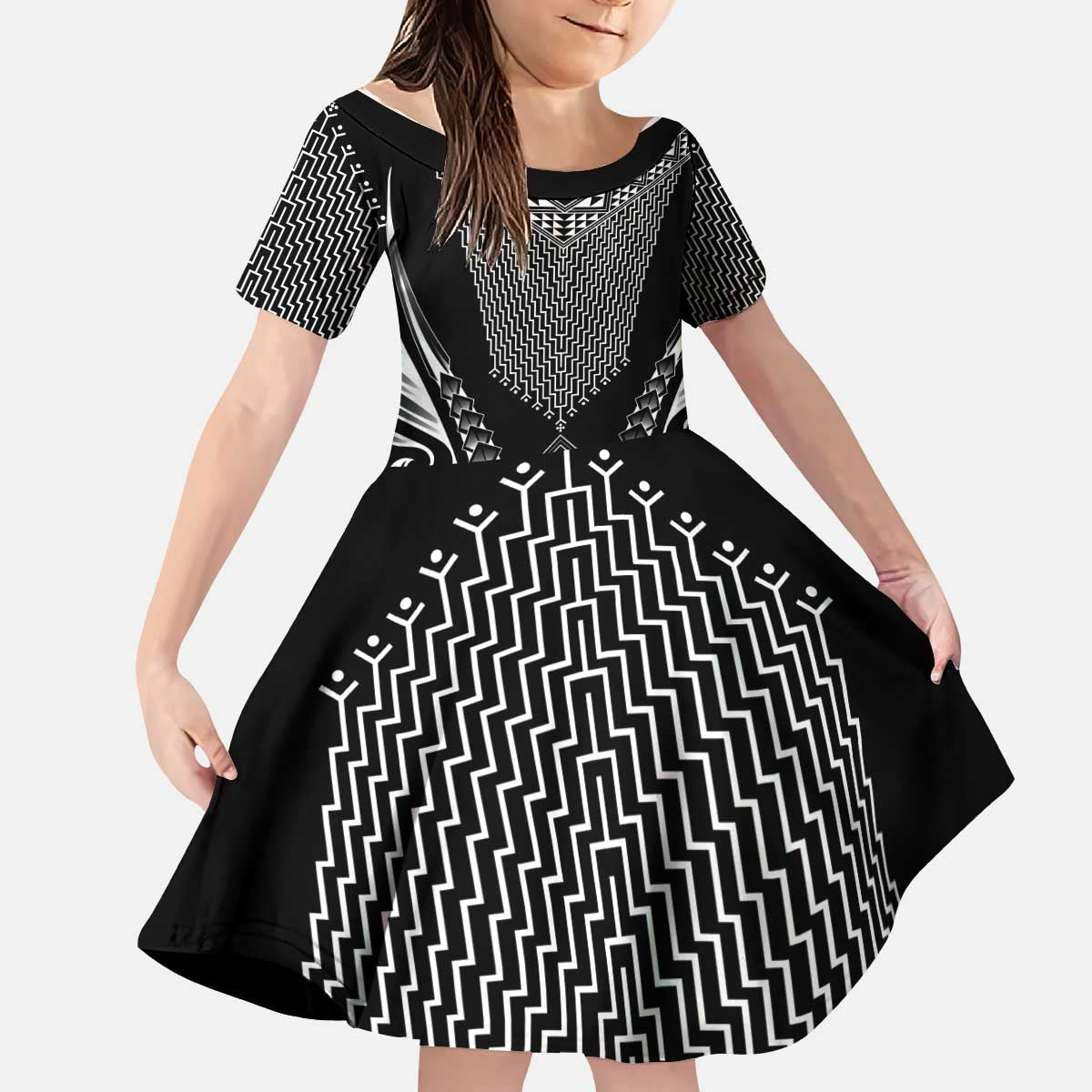 2025 Rugby Championship New Zealand Custom Kid Short Sleeve Dress Poutama Motifs - Polynesian Pride