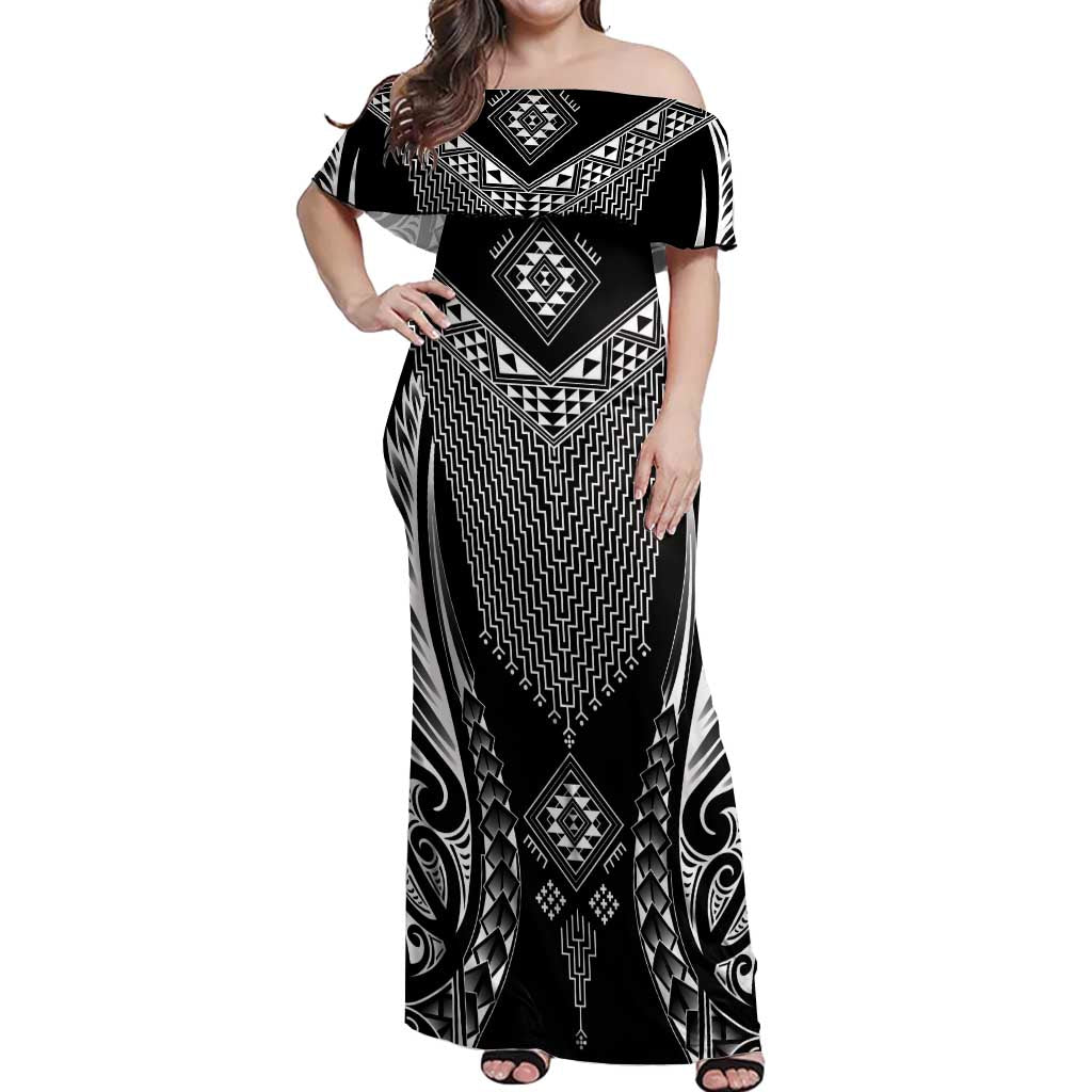 2025 Rugby Championship New Zealand Custom Off Shoulder Maxi Dress Poutama Motifs - Polynesian Pride