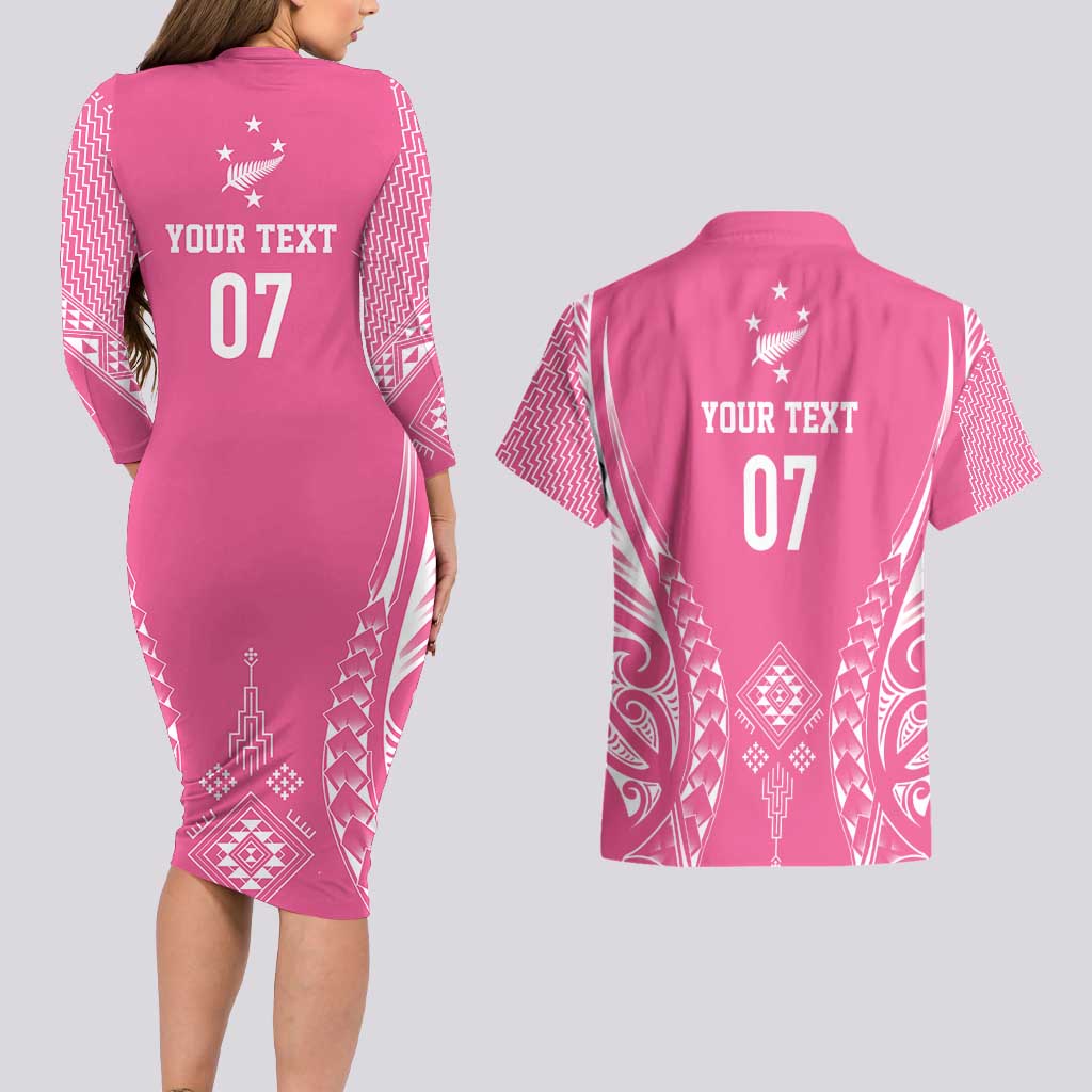 2025 Rugby Championship New Zealand Custom Couples Matching Long Sleeve Bodycon Dress and Hawaiian Shirt Poutama Motifs - Pink Out - Polynesian Pride