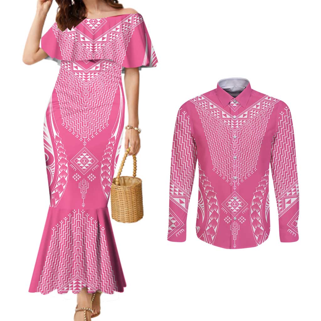2025 Rugby Championship New Zealand Custom Couples Matching Mermaid Dress and Long Sleeve Button Shirt Poutama Motifs - Pink Out - Polynesian Pride