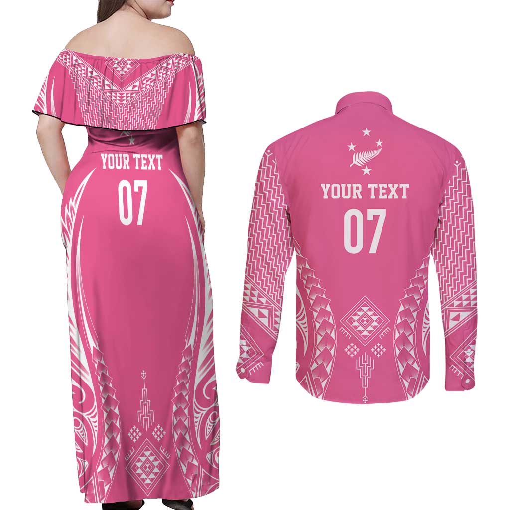 2025 Rugby Championship New Zealand Custom Couples Matching Off Shoulder Maxi Dress and Long Sleeve Button Shirt Poutama Motifs - Pink Out - Polynesian Pride