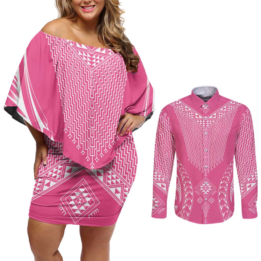 2025 Rugby Championship New Zealand Custom Couples Matching Off Shoulder Short Dress and Long Sleeve Button Shirt Poutama Motifs - Pink Out - Polynesian Pride