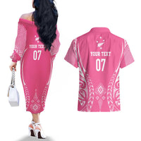 2025 Rugby Championship New Zealand Custom Couples Matching Off The Shoulder Long Sleeve Dress and Hawaiian Shirt Poutama Motifs - Pink Out - Polynesian Pride