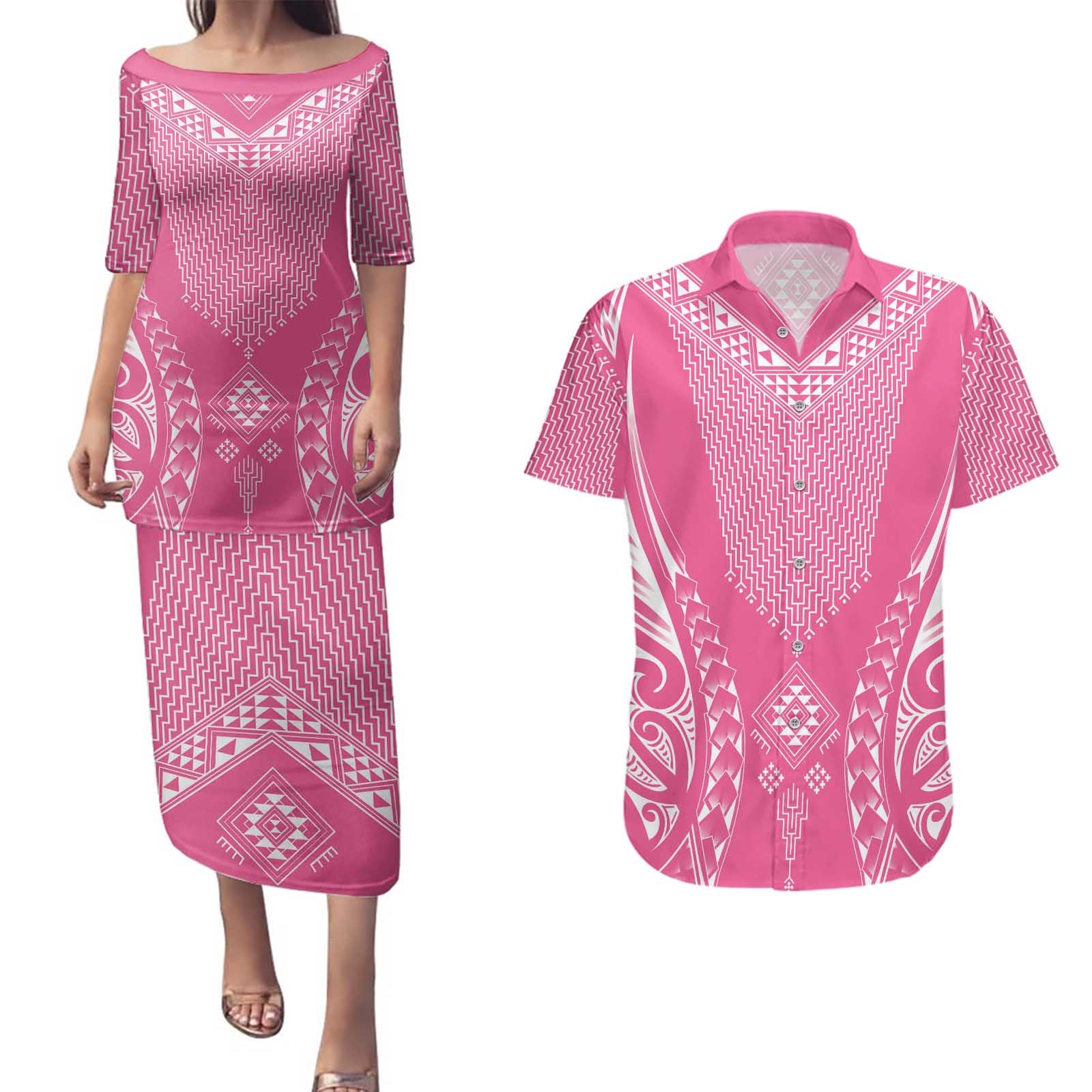 2025 Rugby Championship New Zealand Custom Couples Matching Puletasi and Hawaiian Shirt Poutama Motifs - Pink Out - Polynesian Pride