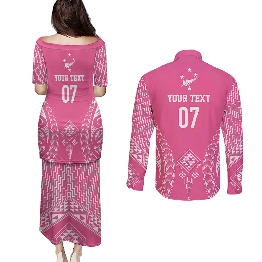 2025 Rugby Championship New Zealand Custom Couples Matching Puletasi and Long Sleeve Button Shirt Poutama Motifs - Pink Out - Polynesian Pride