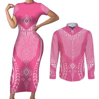 2025 Rugby Championship New Zealand Custom Couples Matching Short Sleeve Bodycon Dress and Long Sleeve Button Shirt Poutama Motifs - Pink Out - Polynesian Pride