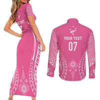 2025 Rugby Championship New Zealand Custom Couples Matching Short Sleeve Bodycon Dress and Long Sleeve Button Shirt Poutama Motifs - Pink Out - Polynesian Pride