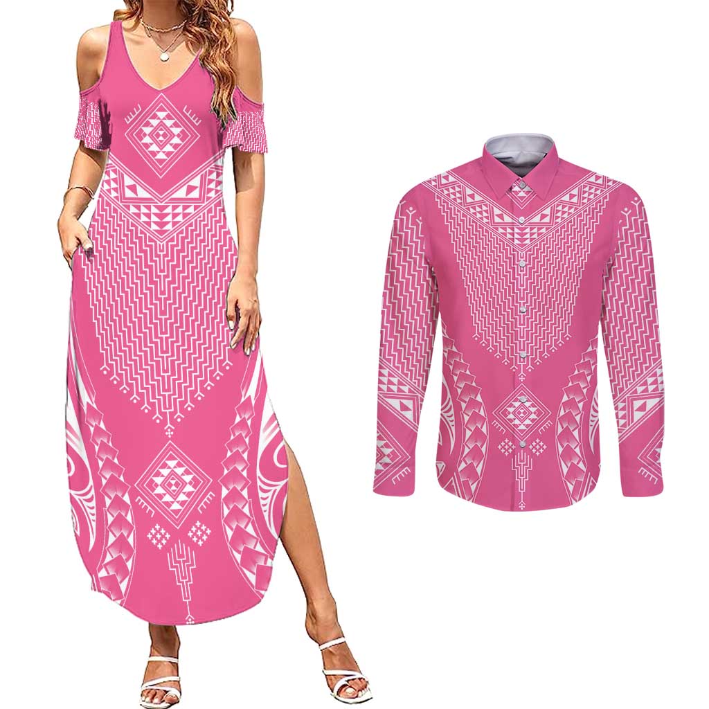 2025 Rugby Championship New Zealand Custom Couples Matching Summer Maxi Dress and Long Sleeve Button Shirt Poutama Motifs - Pink Out - Polynesian Pride
