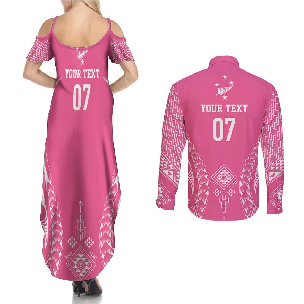 2025 Rugby Championship New Zealand Custom Couples Matching Summer Maxi Dress and Long Sleeve Button Shirt Poutama Motifs - Pink Out - Polynesian Pride