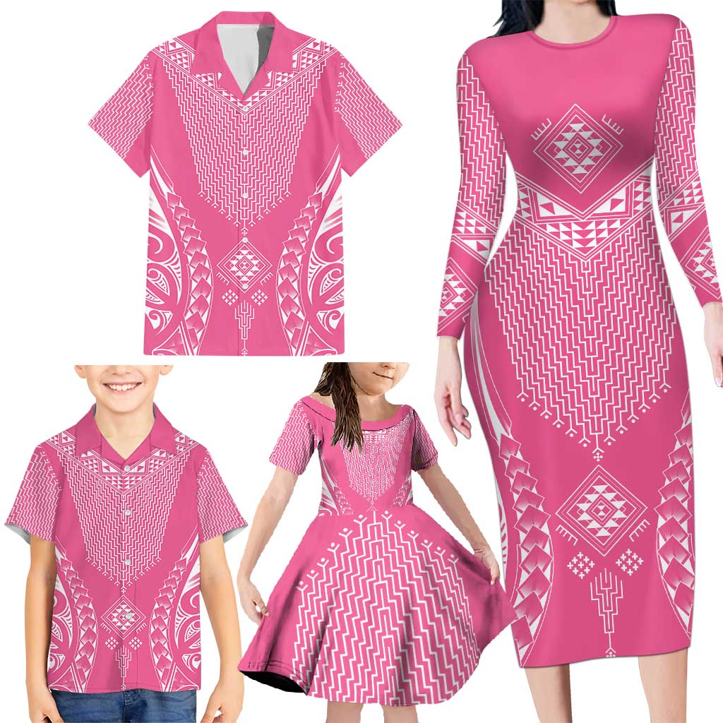 2025 Rugby Championship New Zealand Custom Family Matching Long Sleeve Bodycon Dress and Hawaiian Shirt Poutama Motifs - Pink Out - Polynesian Pride