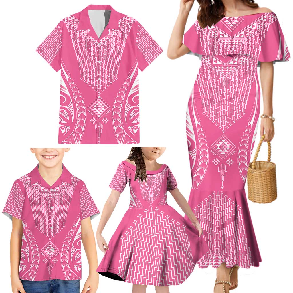 2025 Rugby Championship New Zealand Custom Family Matching Mermaid Dress and Hawaiian Shirt Poutama Motifs - Pink Out - Polynesian Pride