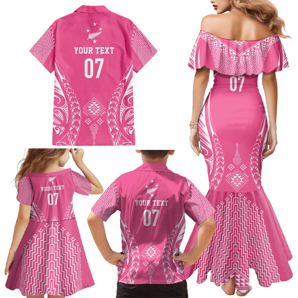 2025 Rugby Championship New Zealand Custom Family Matching Mermaid Dress and Hawaiian Shirt Poutama Motifs - Pink Out - Polynesian Pride