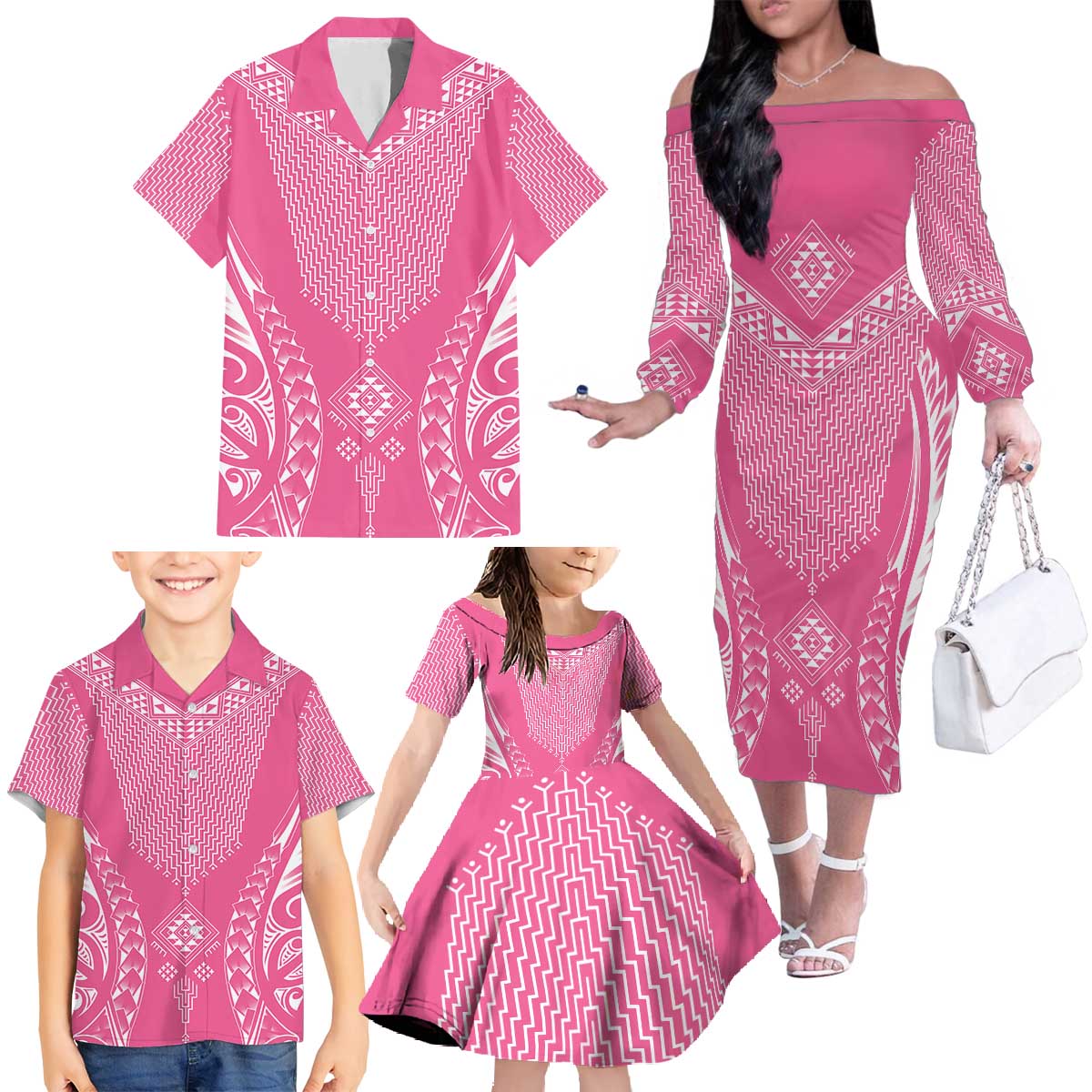 2025 Rugby Championship New Zealand Custom Family Matching Off The Shoulder Long Sleeve Dress and Hawaiian Shirt Poutama Motifs - Pink Out - Polynesian Pride