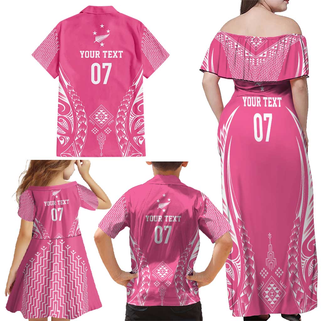 2025 Rugby Championship New Zealand Custom Family Matching Off Shoulder Maxi Dress and Hawaiian Shirt Poutama Motifs - Pink Out - Polynesian Pride