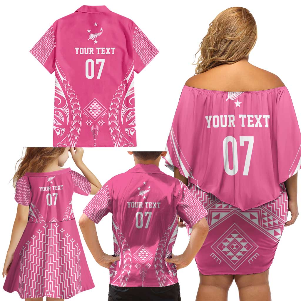 2025 Rugby Championship New Zealand Custom Family Matching Off Shoulder Short Dress and Hawaiian Shirt Poutama Motifs - Pink Out - Polynesian Pride