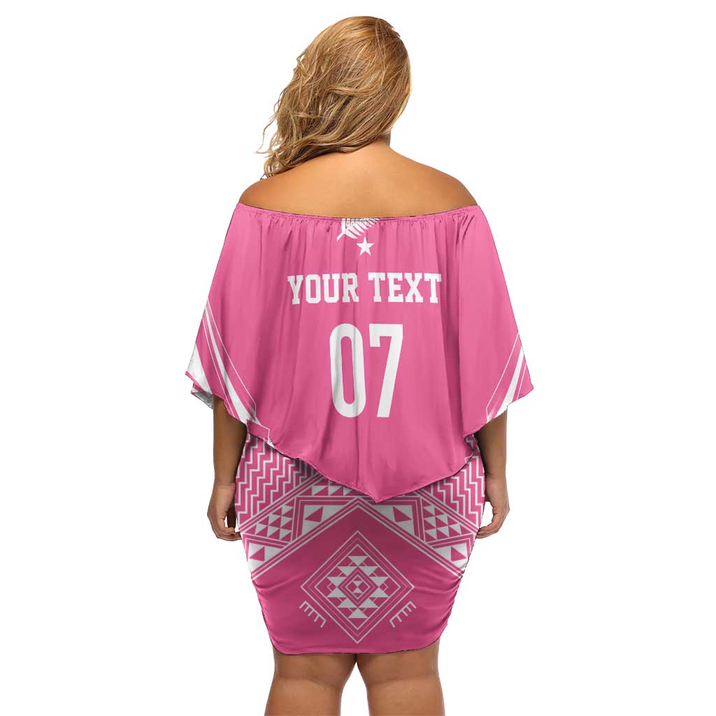 2025 Rugby Championship New Zealand Custom Family Matching Off Shoulder Short Dress and Hawaiian Shirt Poutama Motifs - Pink Out - Polynesian Pride