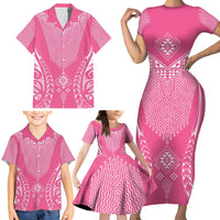 2025 Rugby Championship New Zealand Custom Family Matching Short Sleeve Bodycon Dress and Hawaiian Shirt Poutama Motifs - Pink Out - Polynesian Pride