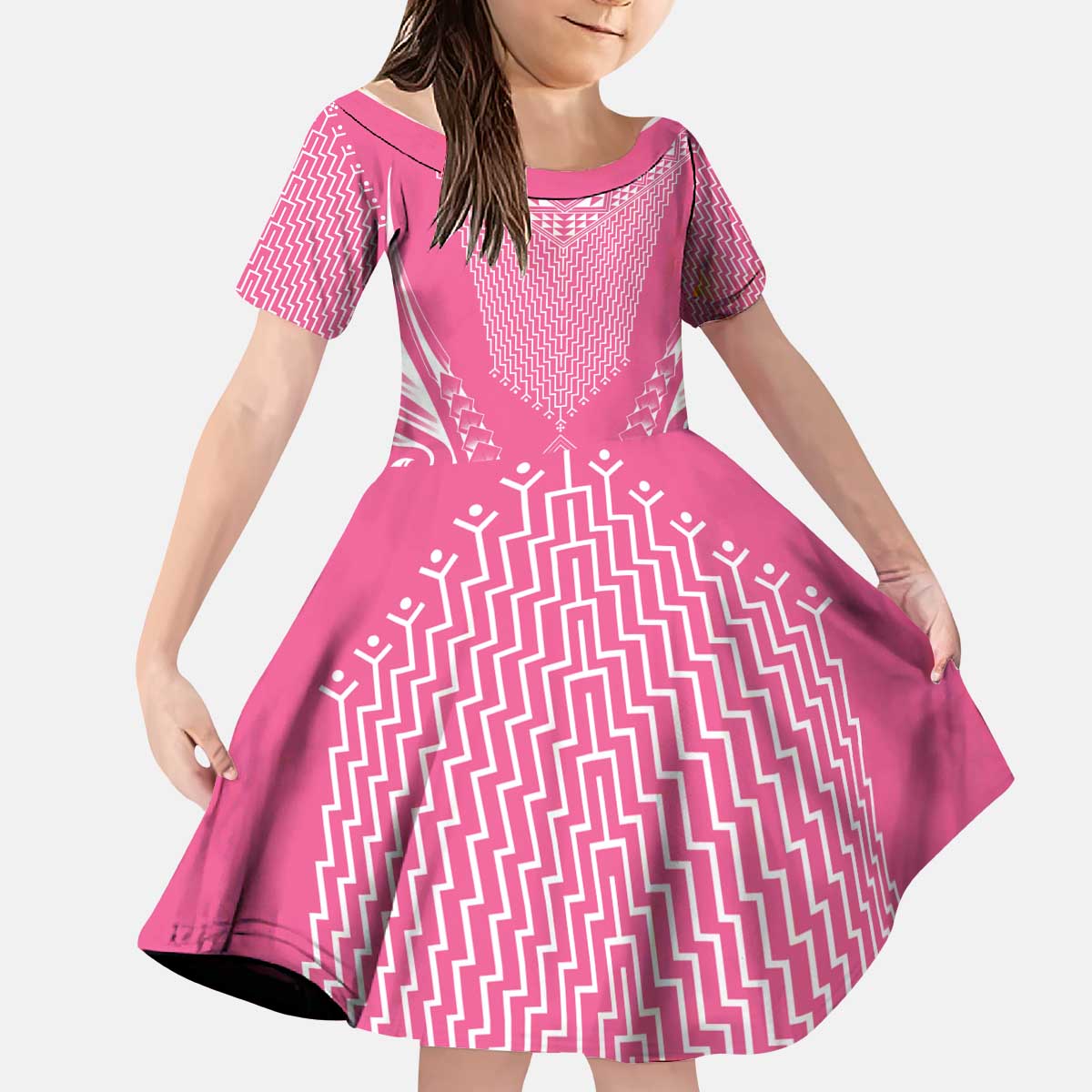 2025 Rugby Championship New Zealand Custom Kid Short Sleeve Dress Poutama Motifs - Pink Out - Polynesian Pride