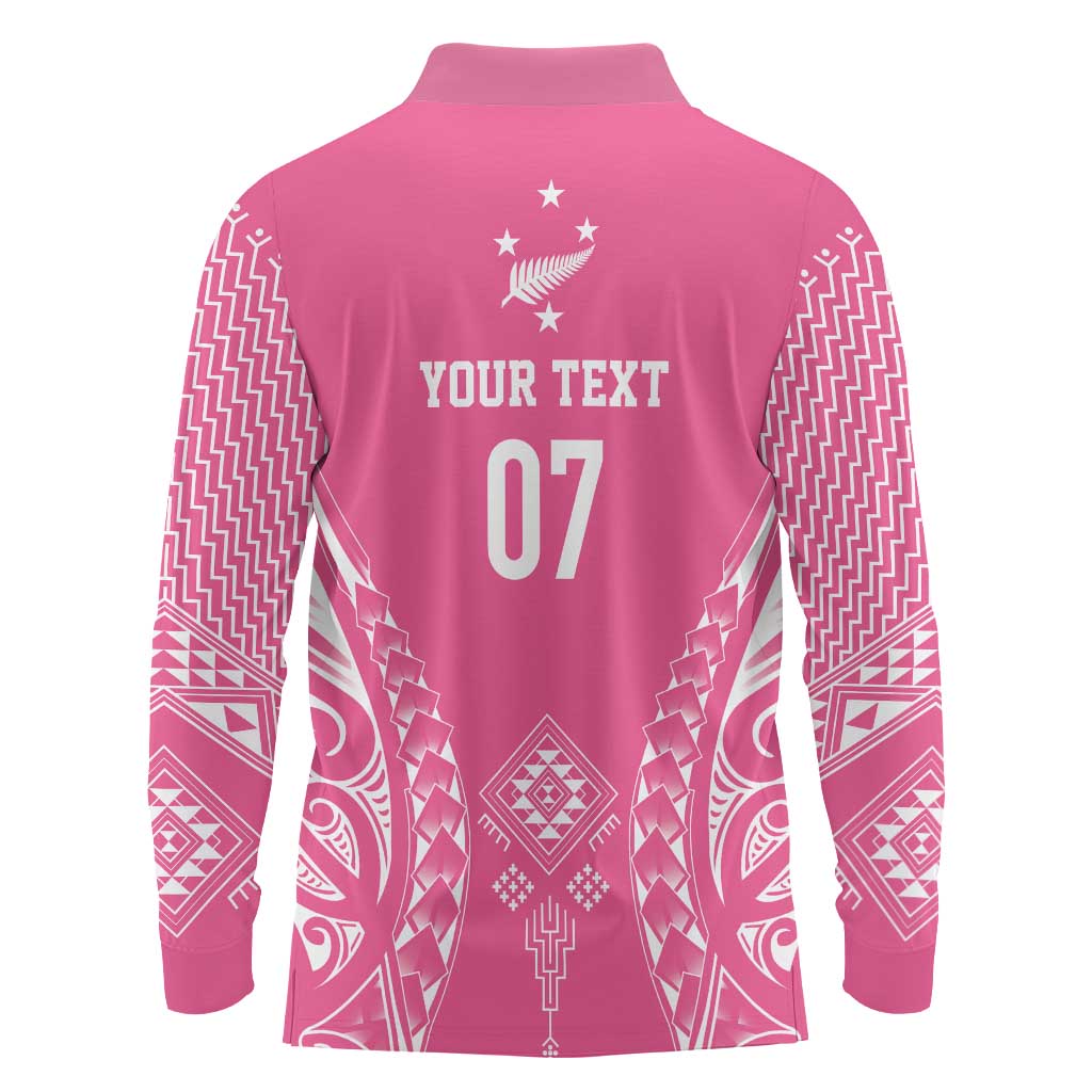 2025 Rugby Championship New Zealand Custom Long Sleeve Polo Shirt Poutama Motifs - Pink Out - Polynesian Pride
