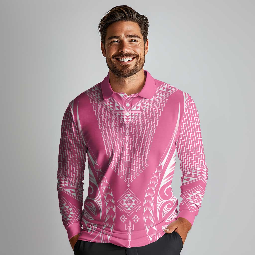 2025 Rugby Championship New Zealand Custom Long Sleeve Polo Shirt Poutama Motifs - Pink Out - Polynesian Pride