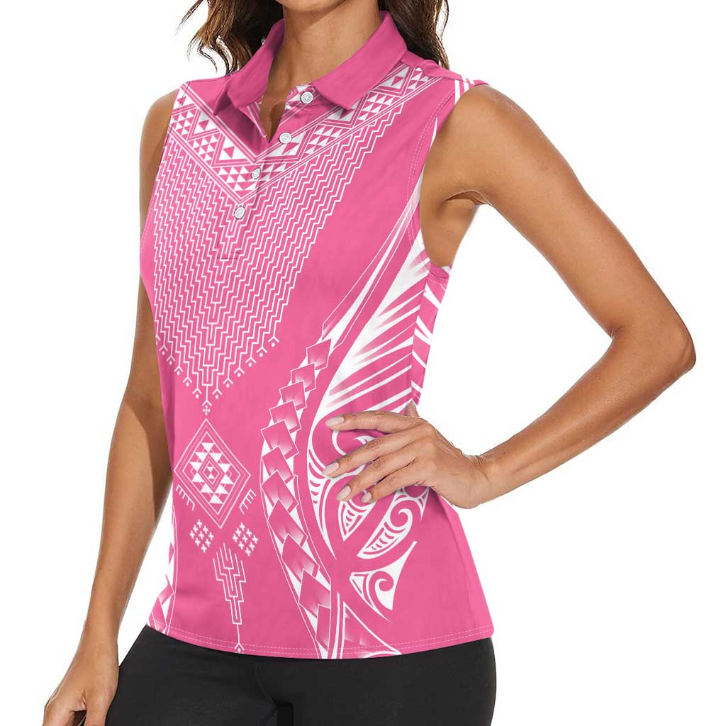 2025 Rugby Championship New Zealand Custom Women Sleeveless Polo Shirt Poutama Motifs - Pink Out - Polynesian Pride