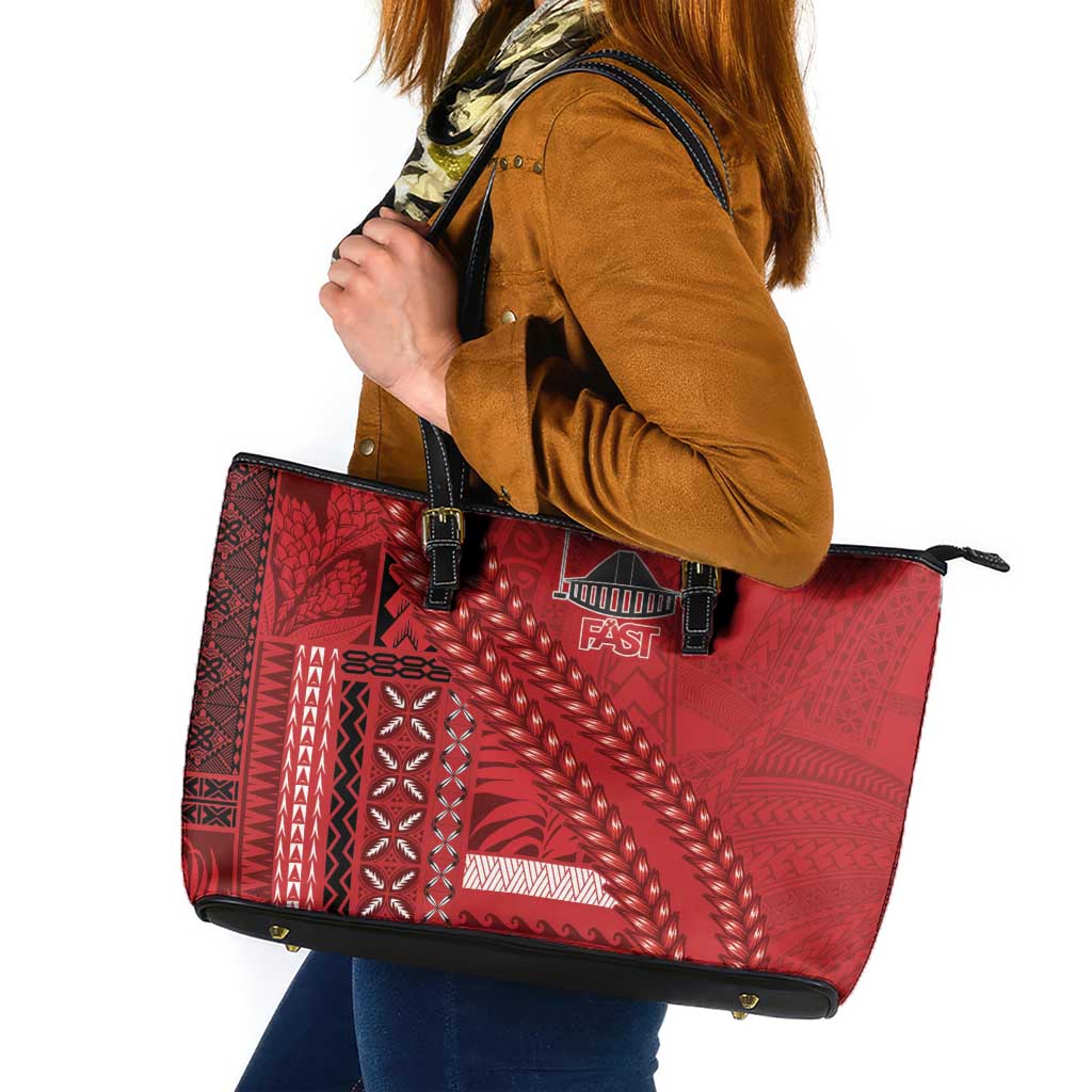 Samoa FAST Siapo Leather Tote Bag Tatau-Ulafala Vines LT7 Red - Polynesian Pride