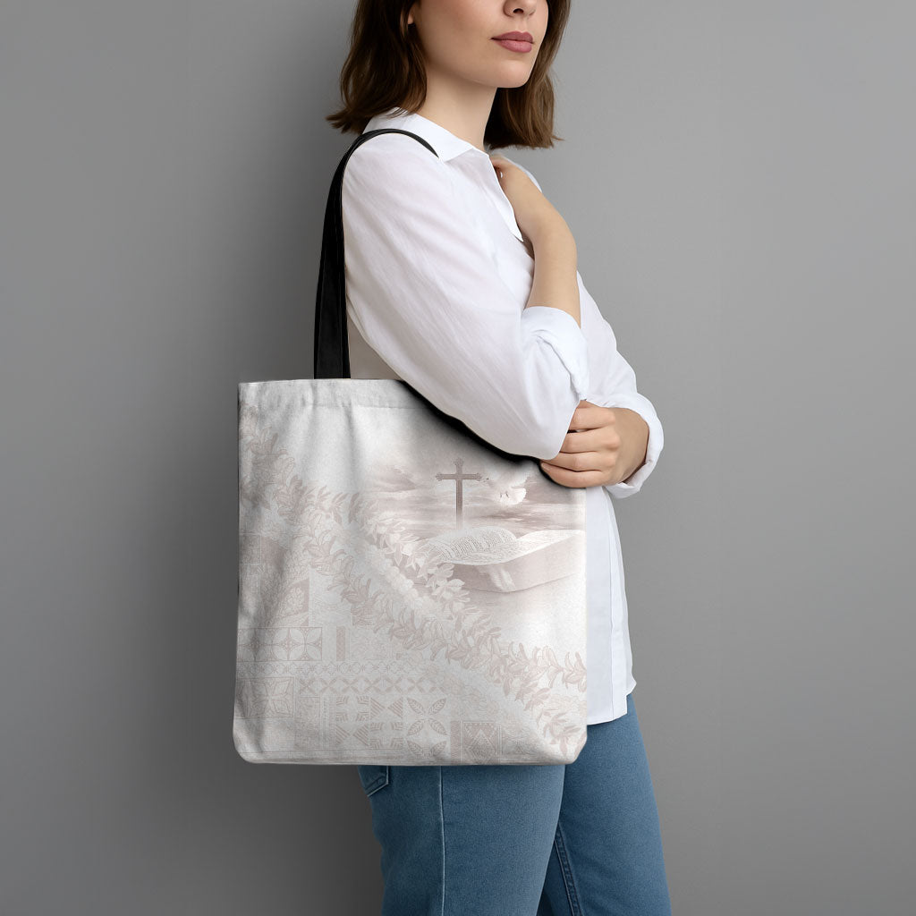 Samoa Lotu Tamaiti White Prayers Tote Bag Floral Mamanu Siapo