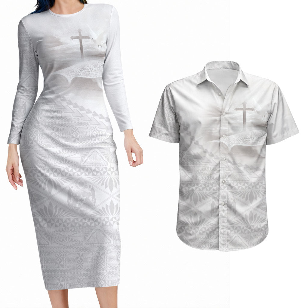 Tonga White Sunday Fakame Couples Matching Long Sleeve Bodycon Dress and Hawaiian Shirt Tokelaufeletoa Kupesi