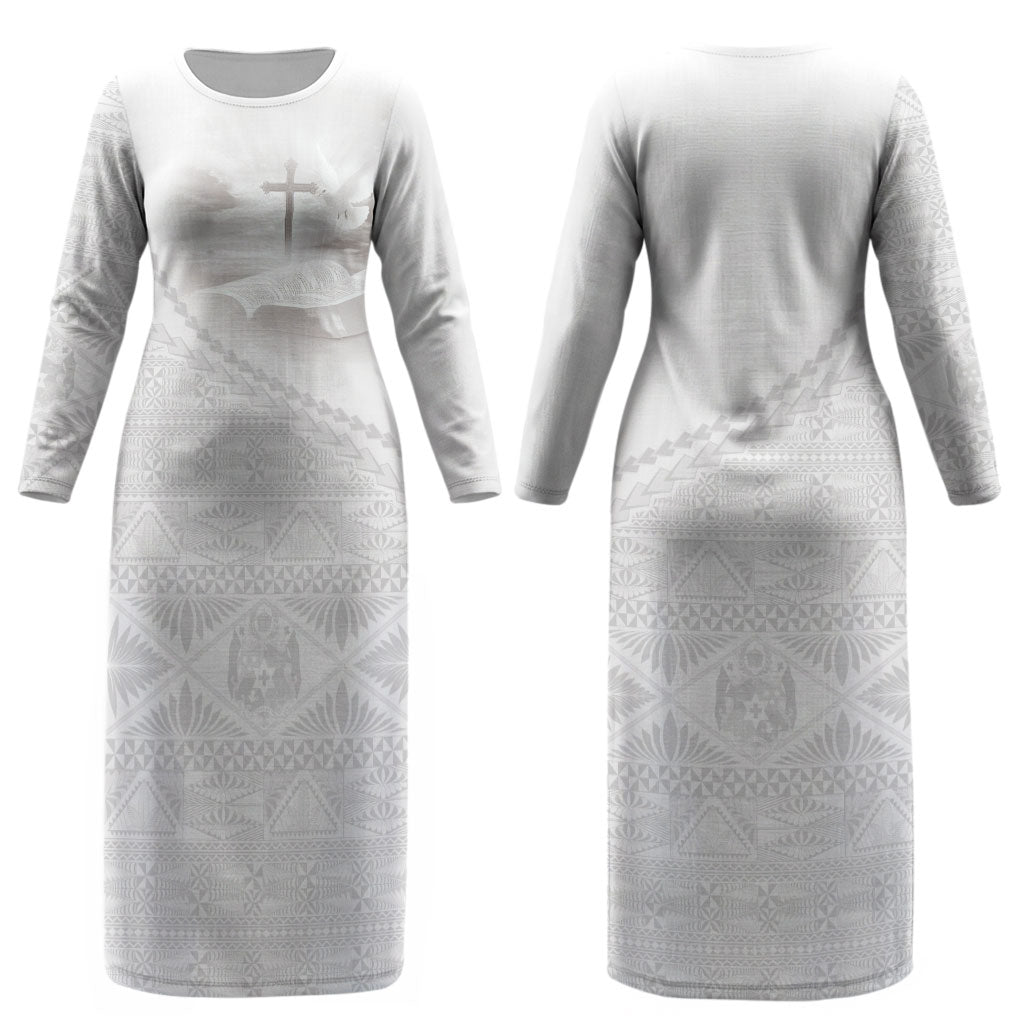 Tonga White Sunday Fakame Couples Matching Long Sleeve Bodycon Dress and Hawaiian Shirt Tokelaufeletoa Kupesi