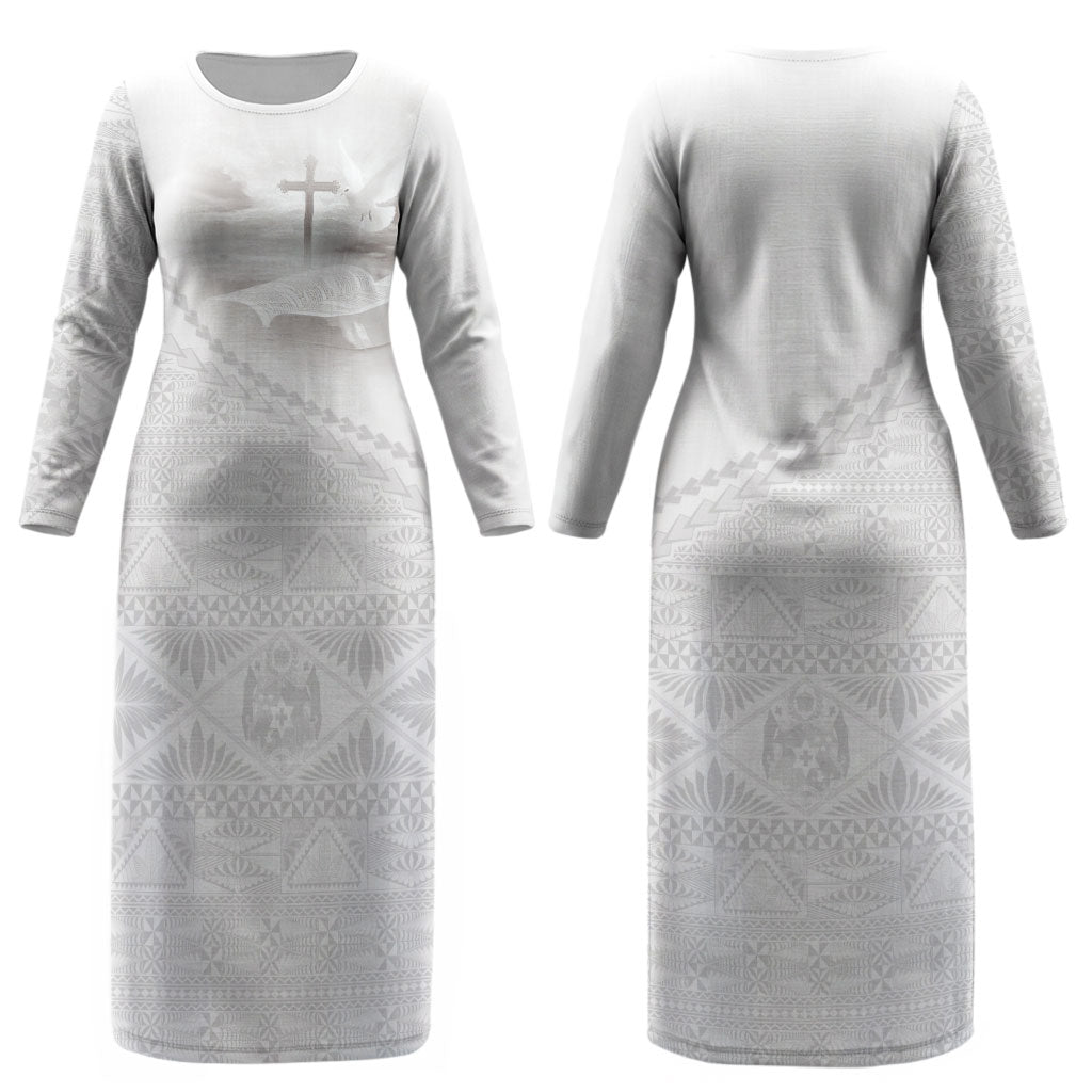 Tonga White Sunday Fakame Couples Matching Long Sleeve Bodycon Dress and Long Sleeve Button Shirt Tokelaufeletoa Kupesi