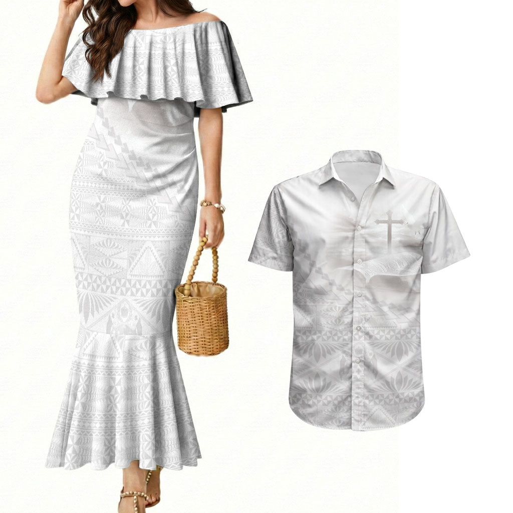 Tonga White Sunday Fakame Couples Matching Mermaid Dress and Hawaiian Shirt Tokelaufeletoa Kupesi