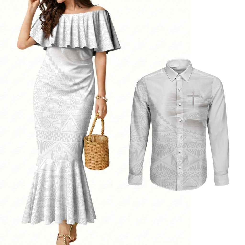Tonga White Sunday Fakame Couples Matching Mermaid Dress and Long Sleeve Button Shirt Tokelaufeletoa Kupesi