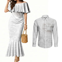 Tonga White Sunday Fakame Couples Matching Mermaid Dress and Long Sleeve Button Shirt Tokelaufeletoa Kupesi