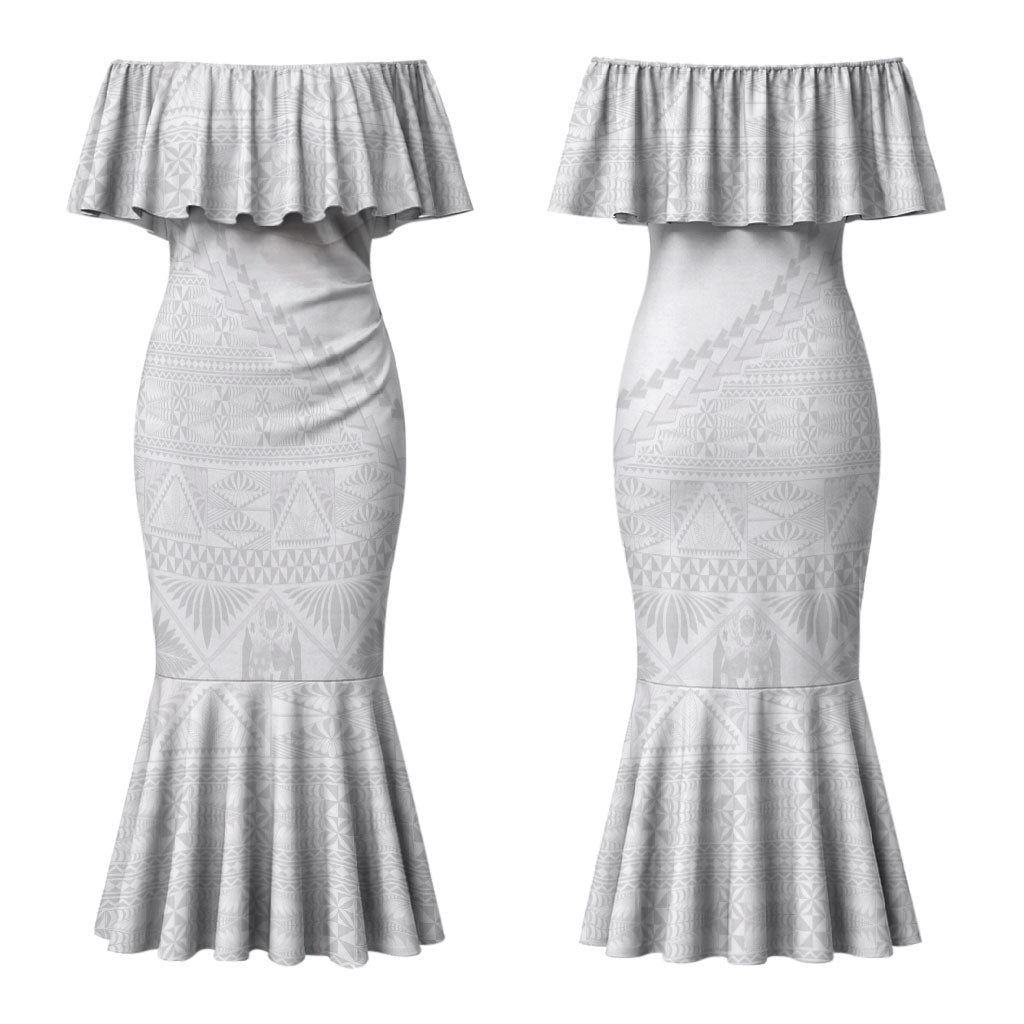 Tonga White Sunday Fakame Couples Matching Mermaid Dress and Long Sleeve Button Shirt Tokelaufeletoa Kupesi