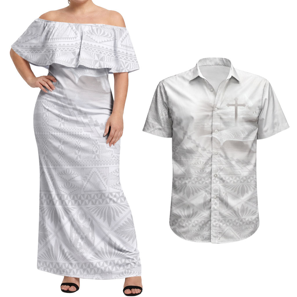 Tonga White Sunday Fakame Couples Matching Off Shoulder Maxi Dress and Hawaiian Shirt Tokelaufeletoa Kupesi